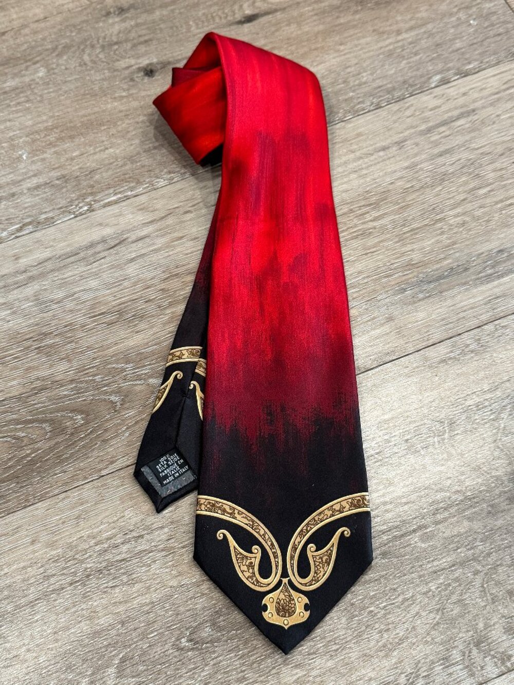 Gianfranco Ferre Red to Black Gradient Tie with Gold Motif